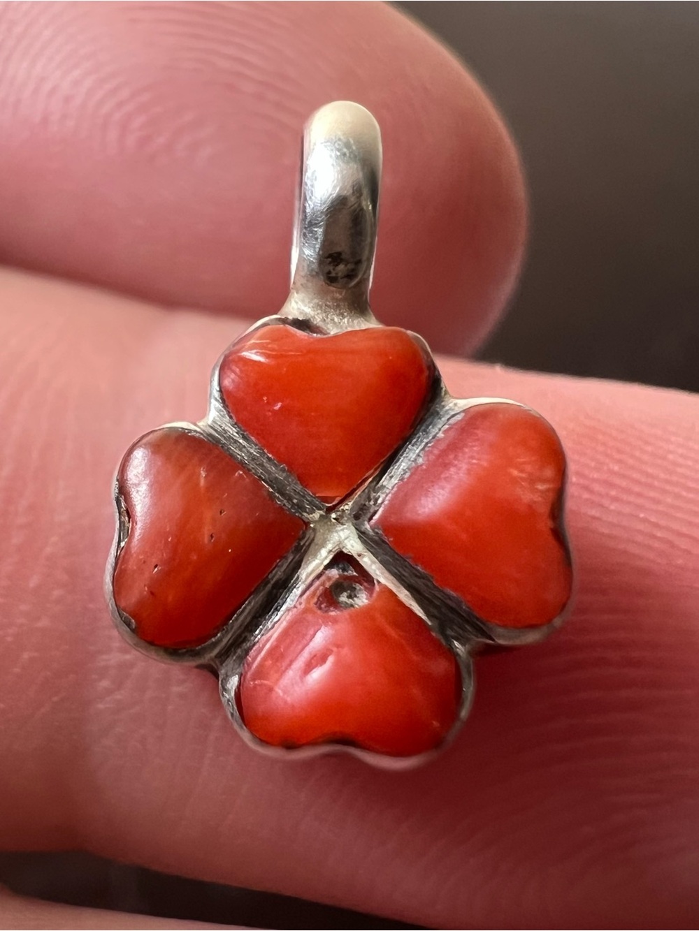 Vintage Silver Clover Pendant, Floral Charm, Petite Orange Stone Necklace drop